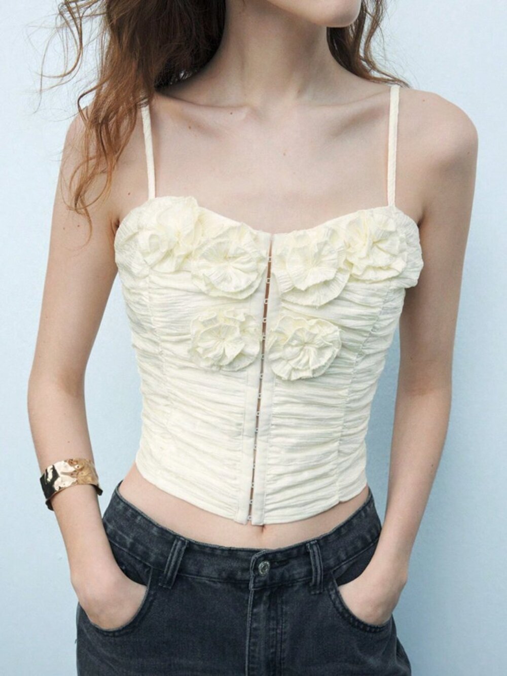 Elegant Women's 3d Floral Decor Pleated Front Zip Cami Top